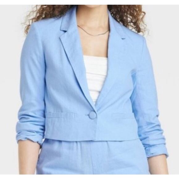 NWT a new day Size Large Linen Blend Cropped Blazer Women Light Blue Beach - Picture 1 of 9